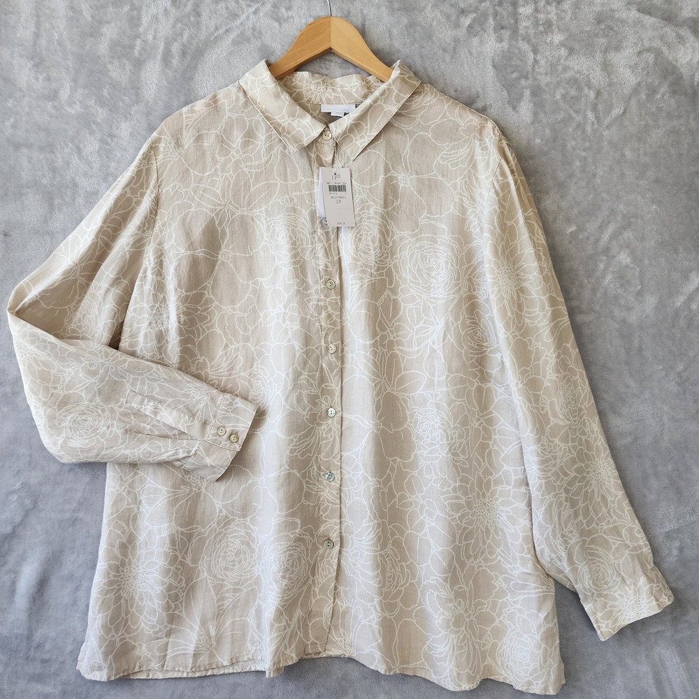 J. Jill Love Linen Shirt Womens Size 2X Tan Floral Artsy Print Button Up Top NWT